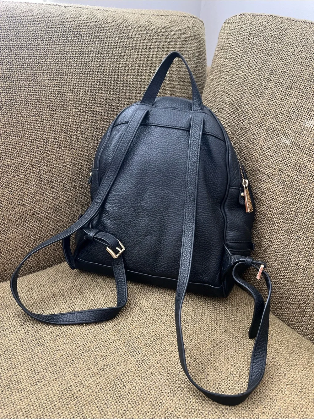 Michael Kors Black Rhea Leather Zip Backpack with Gold Hardware